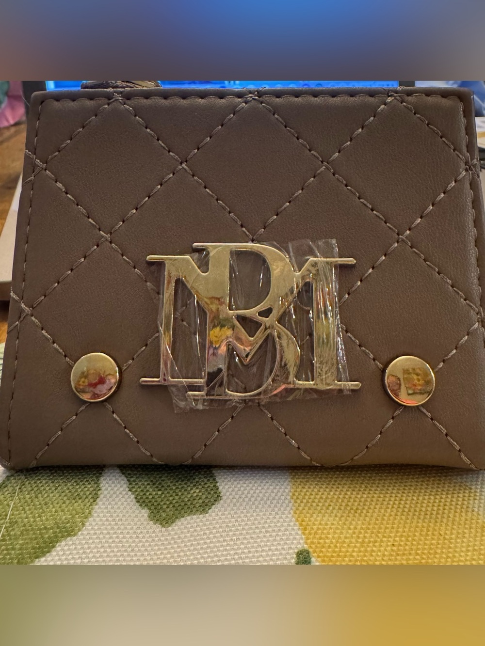Badgley Mischka Brown Quilted Clutch with Gold Logo Hardware